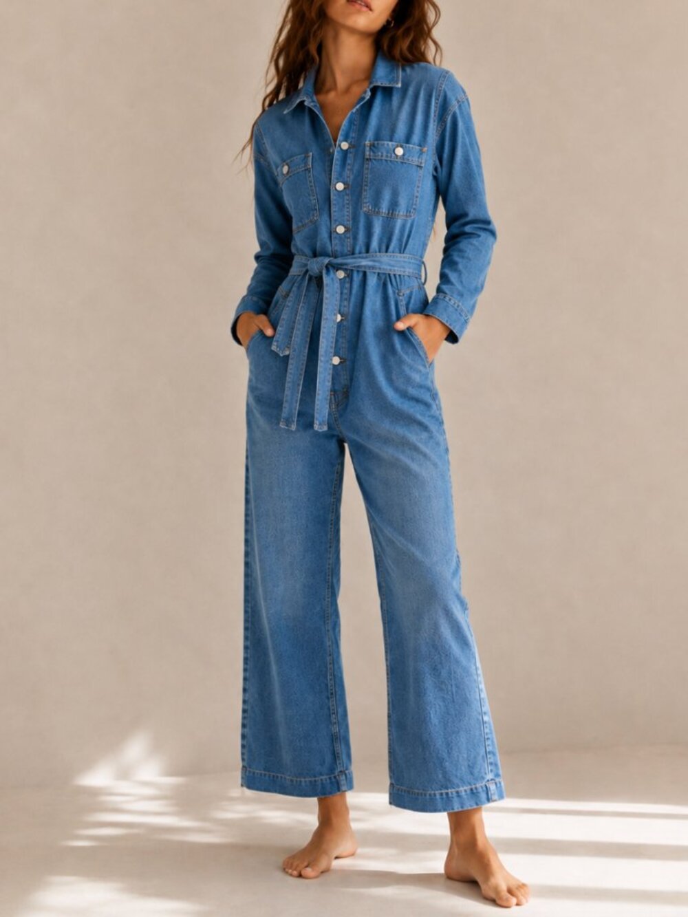 Madewell Denim Tie Waist Jumpsuit Medium Wash Blue S